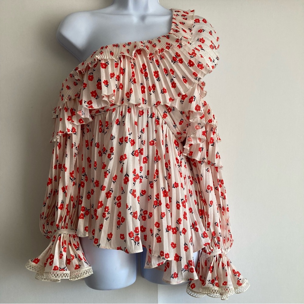 Self-Portrait Ditsy Floral Print One Shoulder Blouse, Sz 2 - Picture 4 of 16